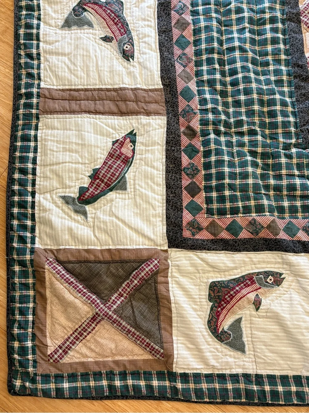 Patchwork Log Cabin Fisherman’s Wharf Applique Fish Forest Vintage Quilt 93”x84”